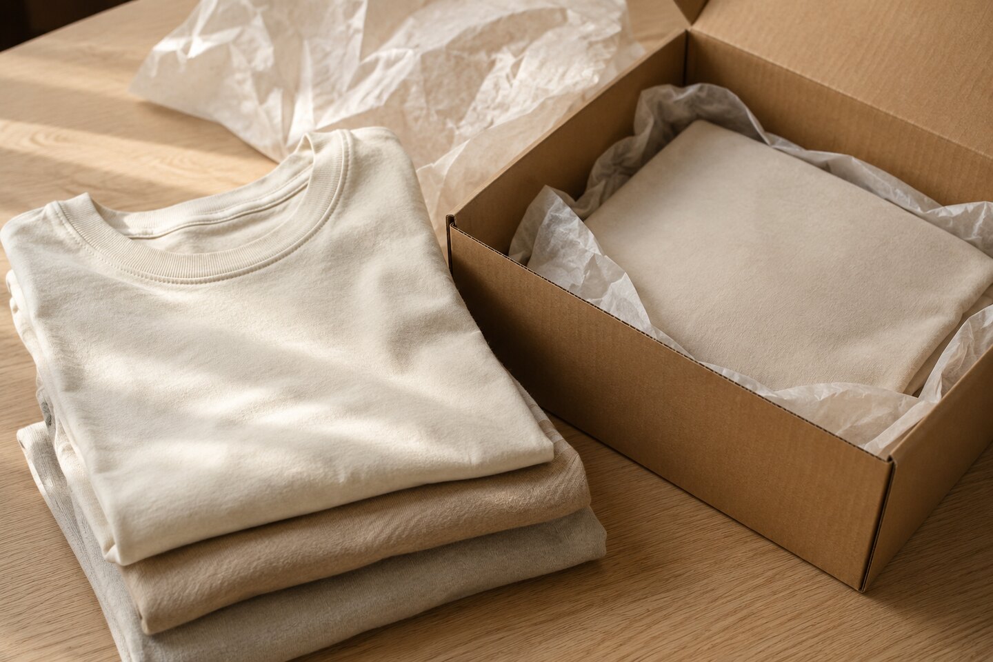 Illustrative folded garments beside a shipping box with packing paper
