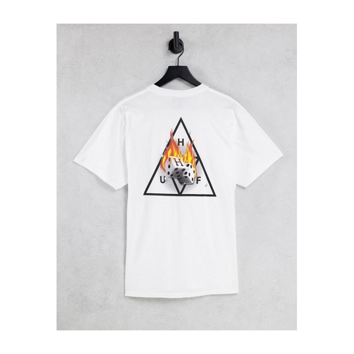Online demo photo of a white T-shirt with a triangular flame-style graphic
